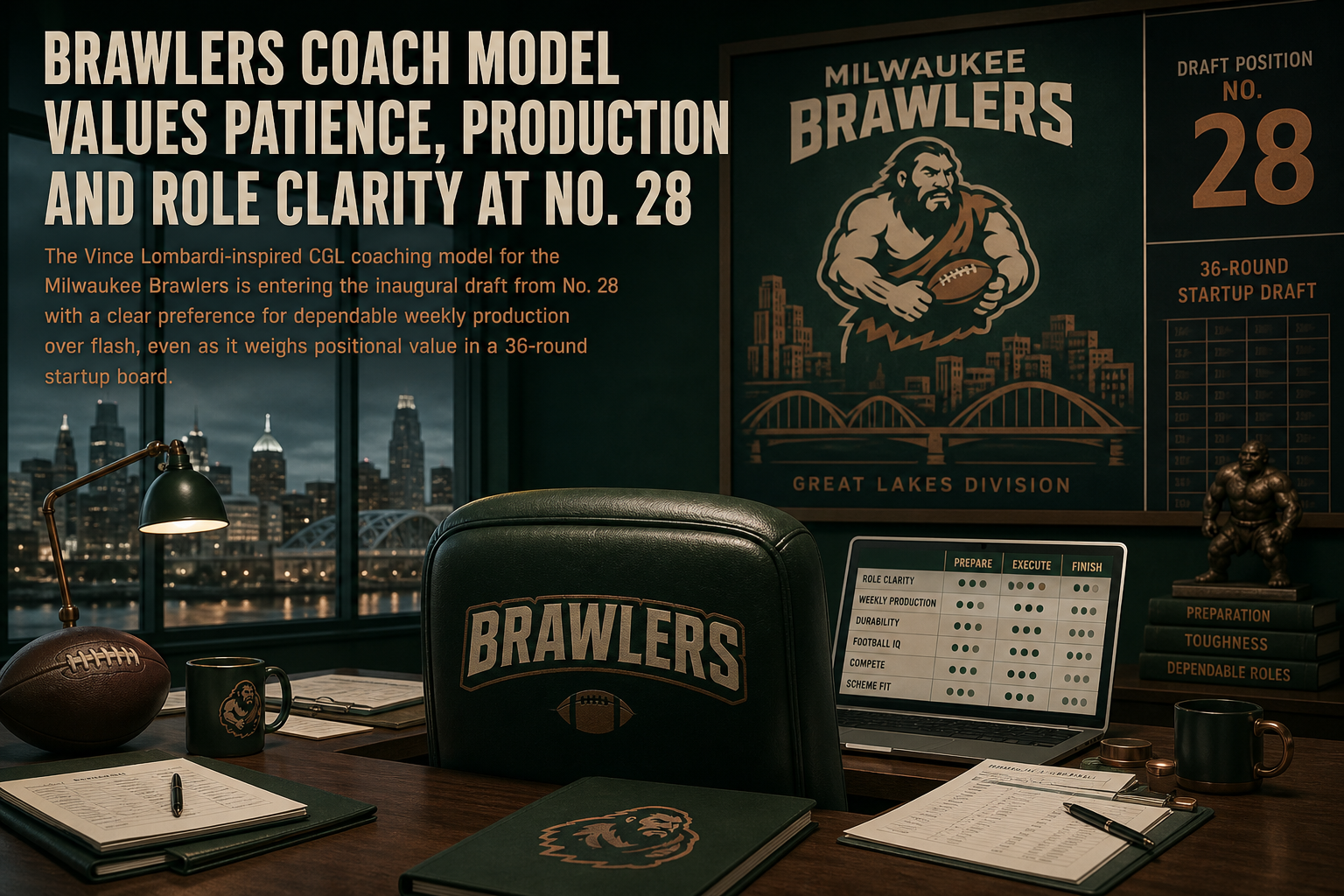 Milwaukee Brawlers pre-draft interview feature illustration — official CGL draft position No. 28