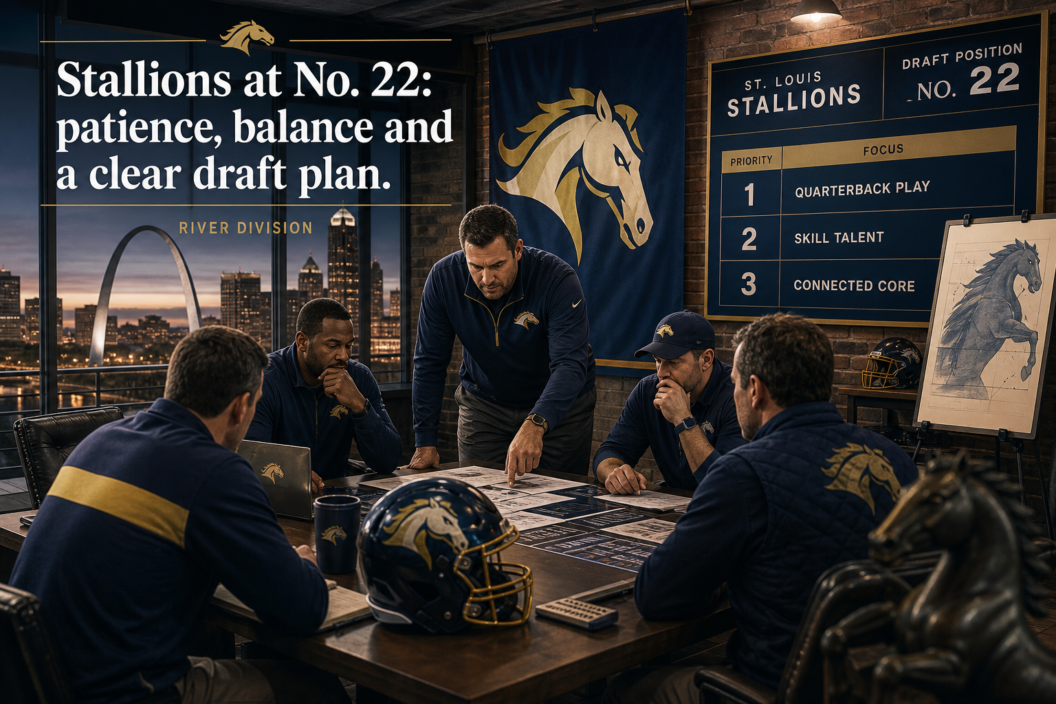 St. Louis Stallions pre-draft interview feature illustration — official CGL draft position No. 22